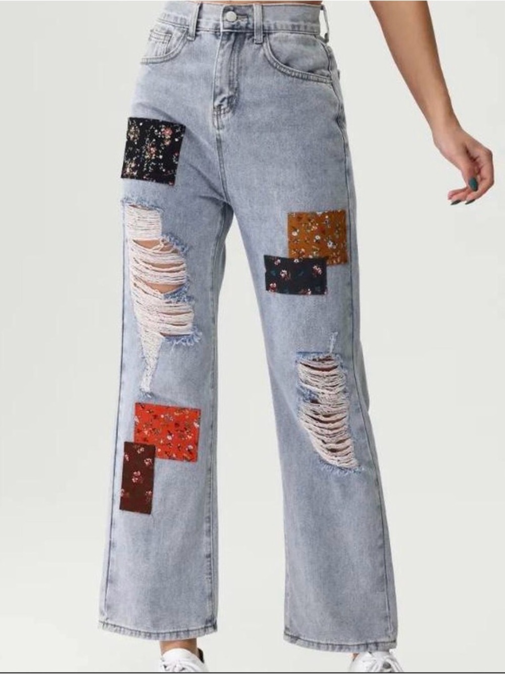 Cider Light Blue Straight-Leg Jeans with Floral Patchwork